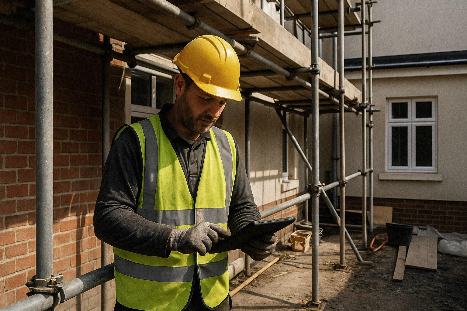 Tradesperson checking their tablet during the workday
