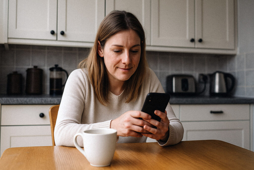 Customer sitting at kitchen table using a phone