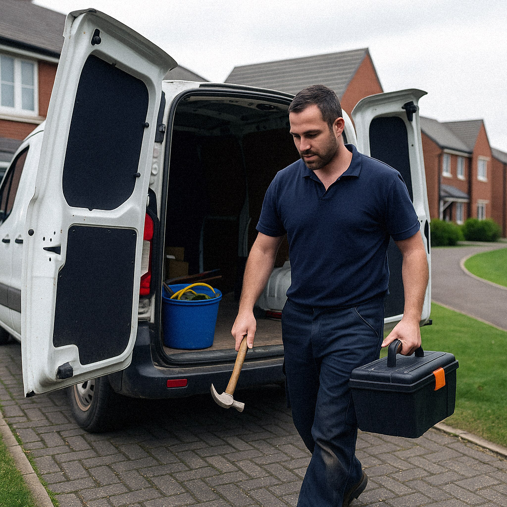 Tradesperson walking away from a work van