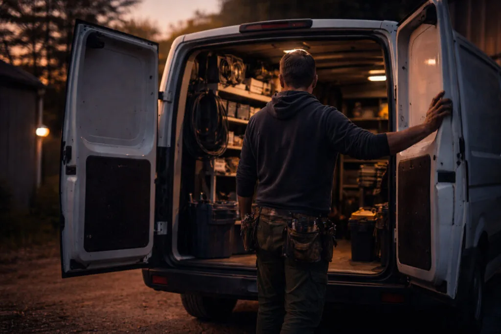 Tradesman organizing tools in van.