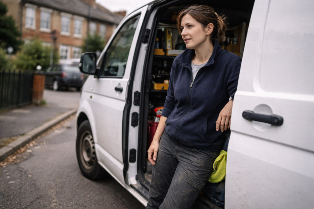Tradesperson standing beside a work van between jobs