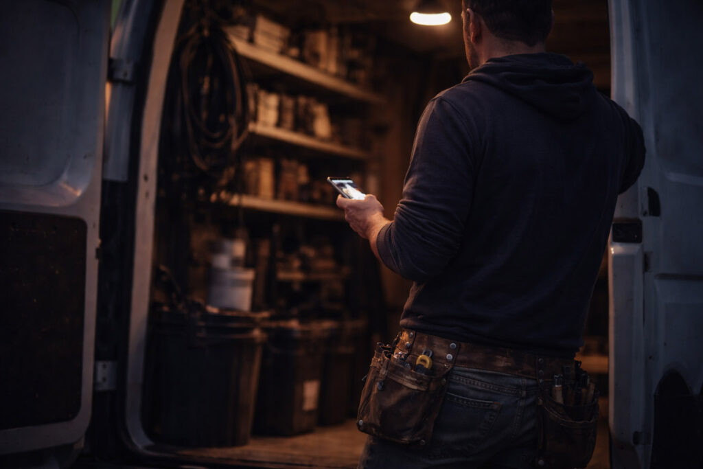 Tradesperson checking their phone during the workday