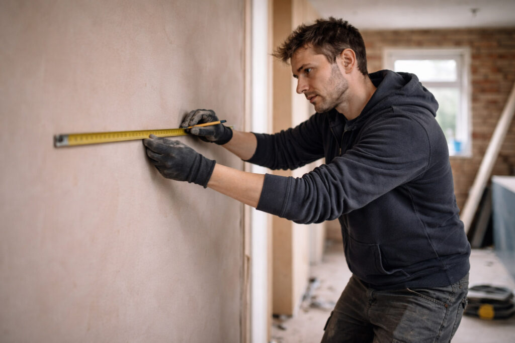 Tradesperson taking measurements at a job site