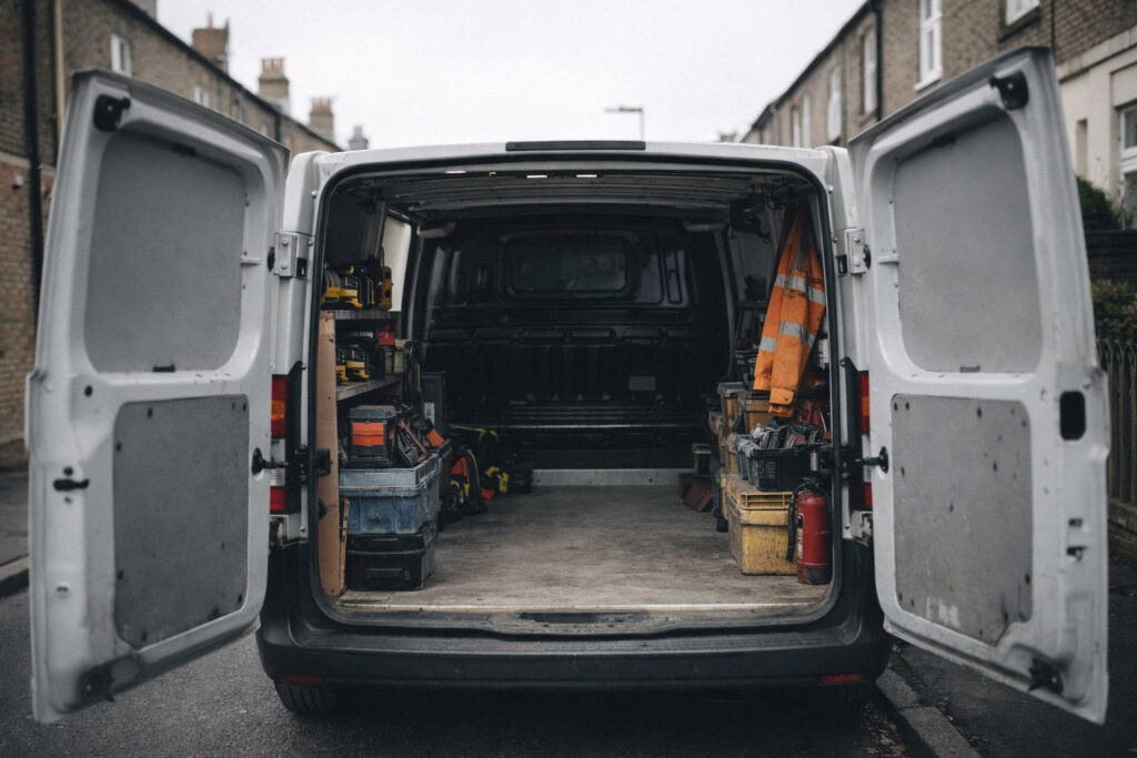 Organised work van with tools and equipment