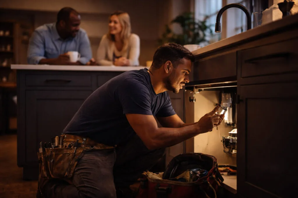 Plumber repairs kitchen sink pipes