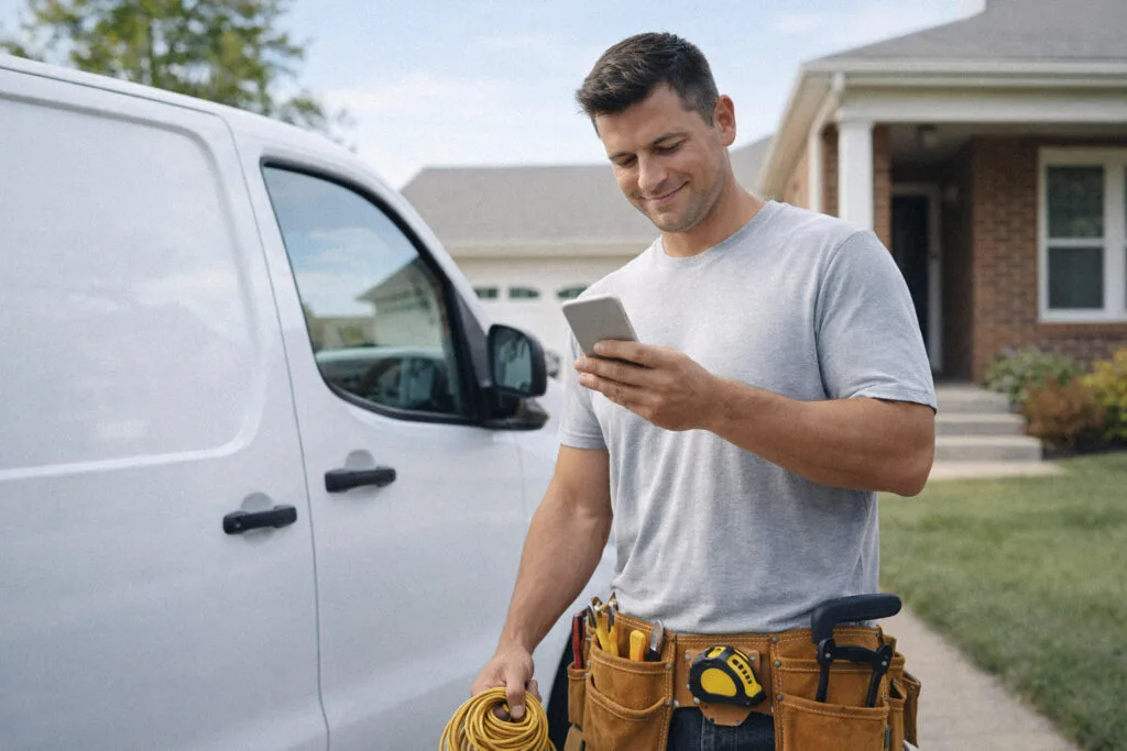 Technician using phone on jobsite.