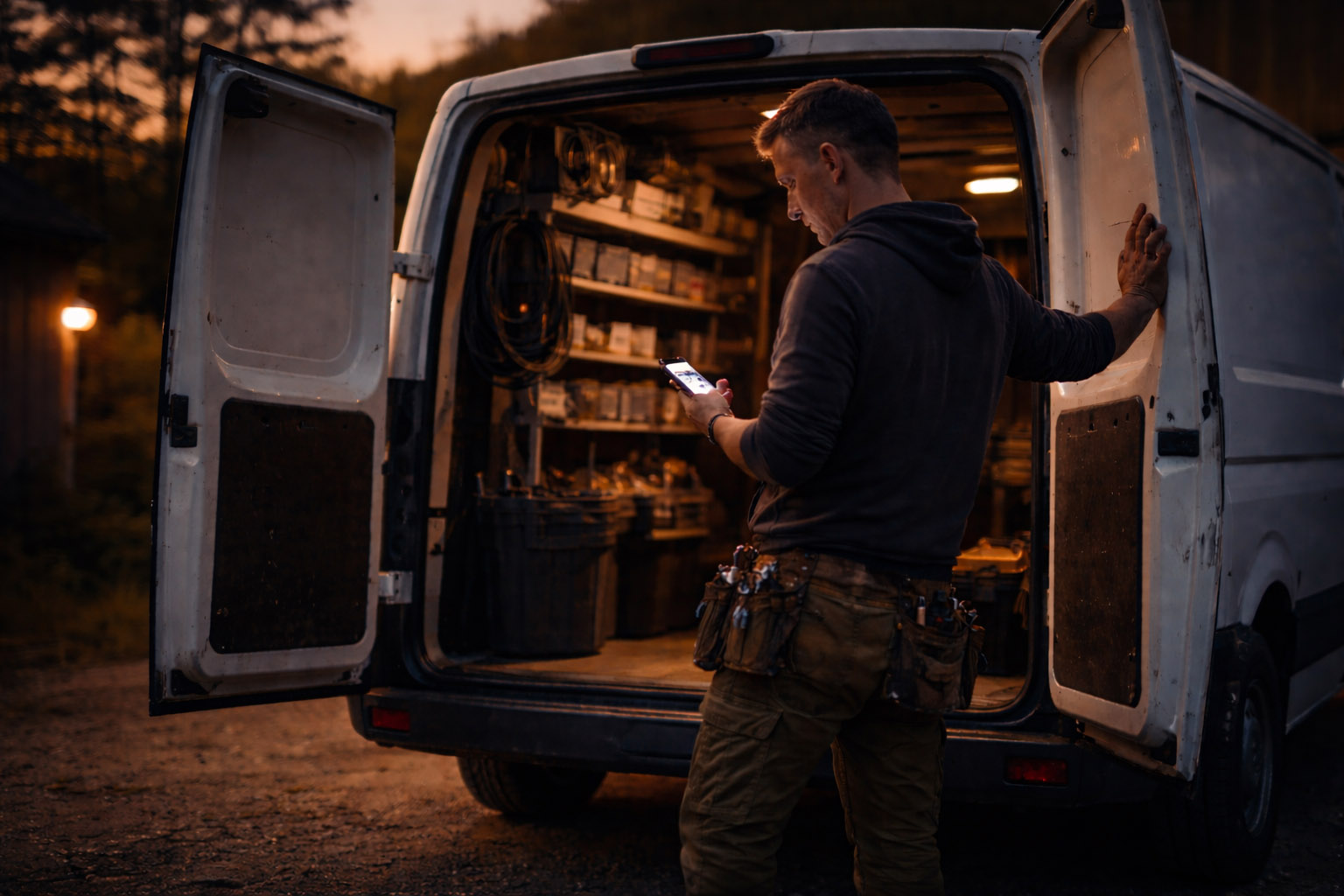 Man with phone by van.