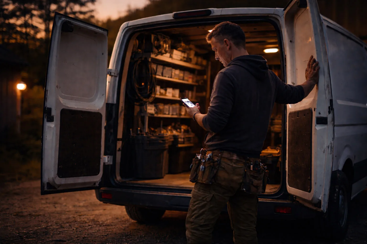 Man with phone by van.