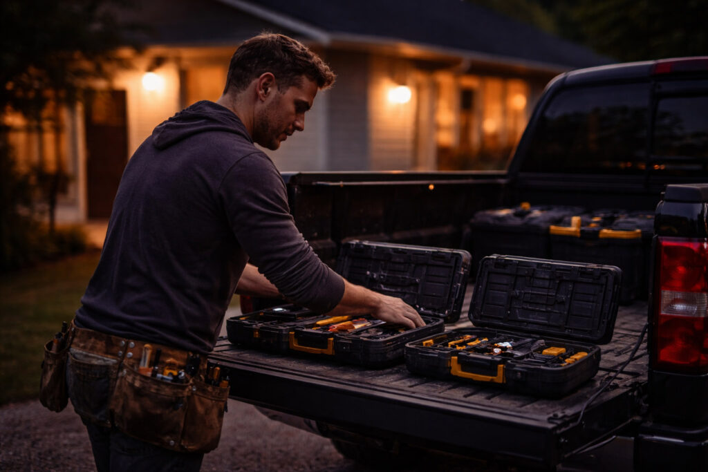 Contractor loading tools into truck bed.