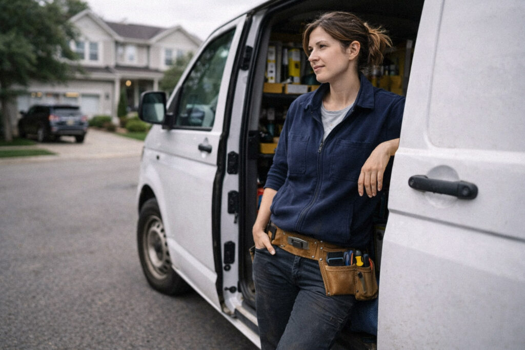 Service Pro standing beside a work van between jobs.
