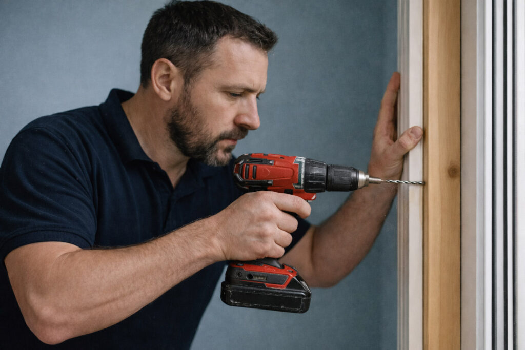 Man drills into wood frame.