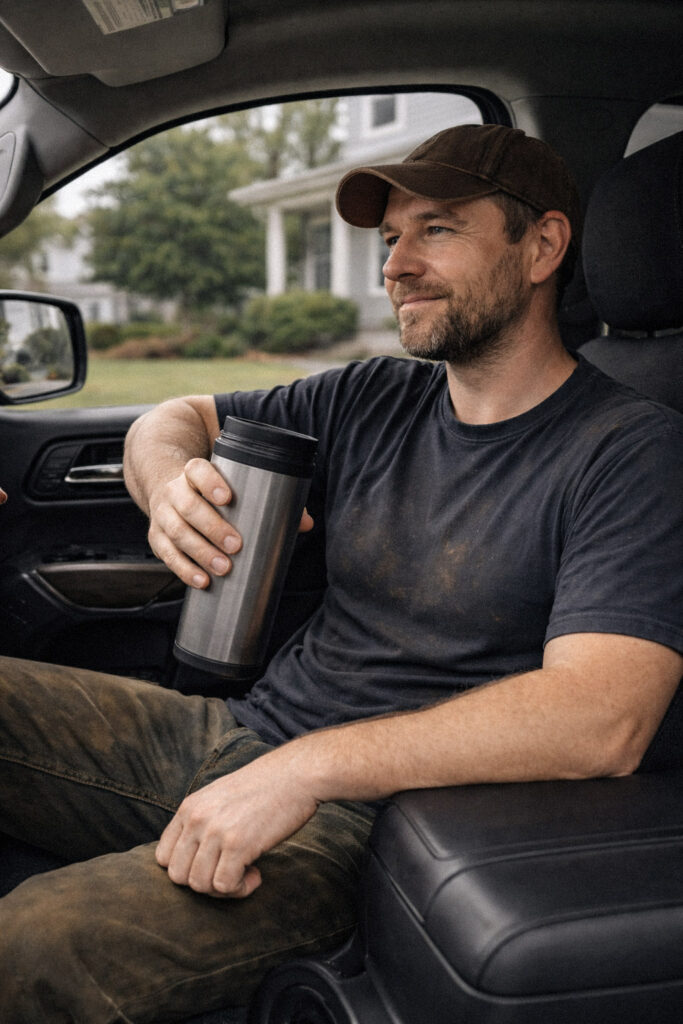 Man holding thermos in truck.