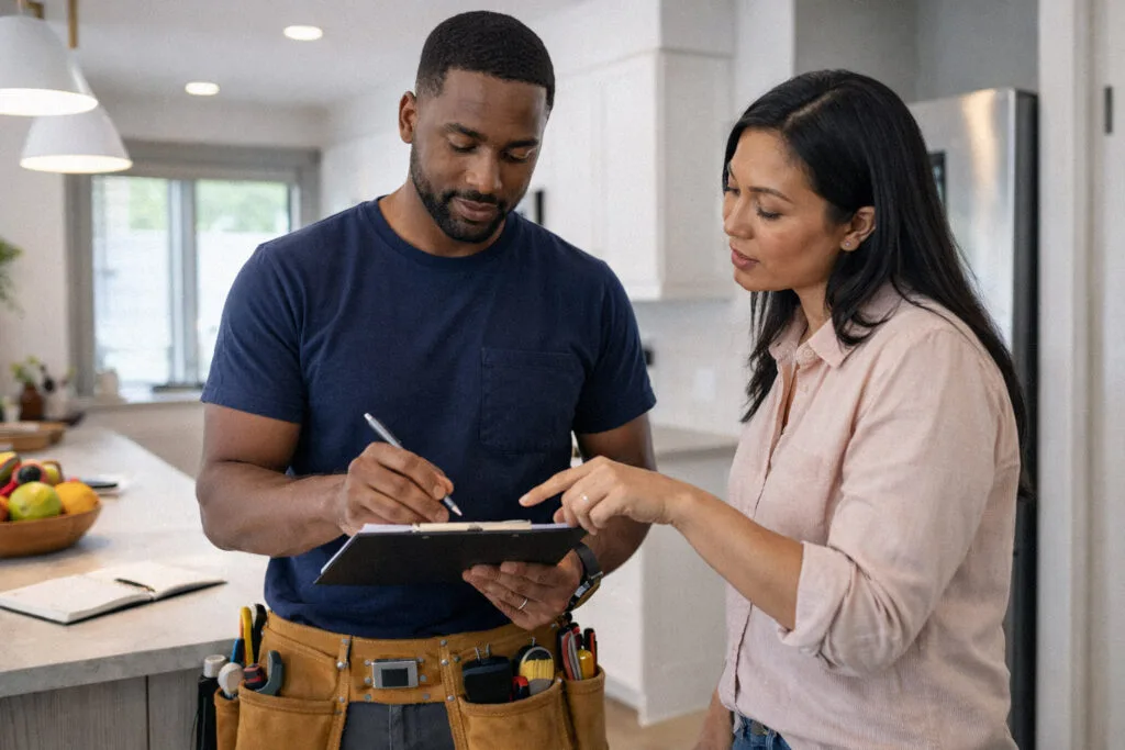 Home Service Pro in kitchen with customer.