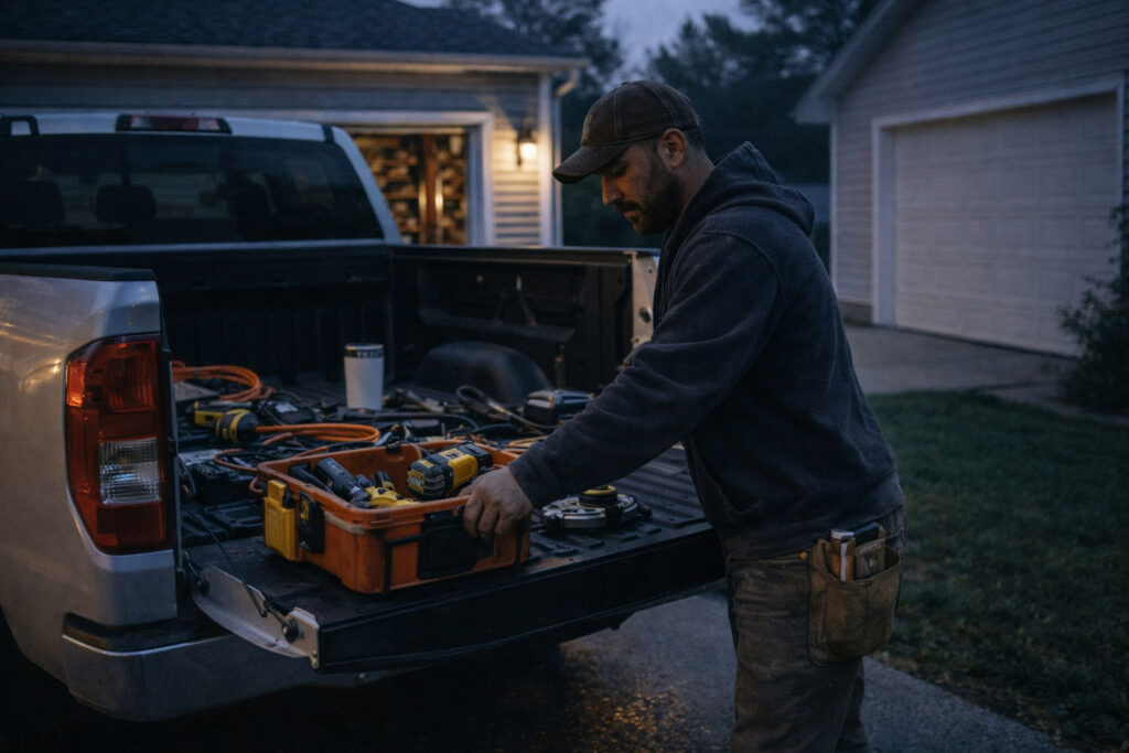 Man loading tools into truck.