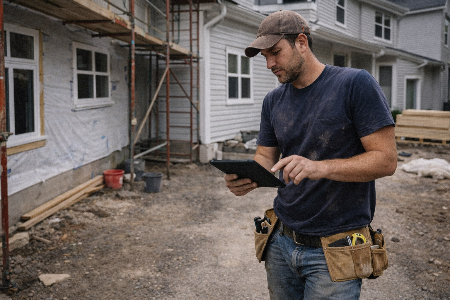 Contractor checking their tablet during the workday.