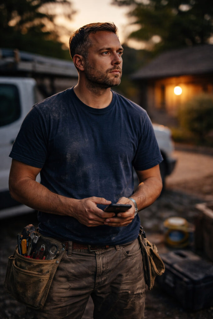 Construction worker with phone.