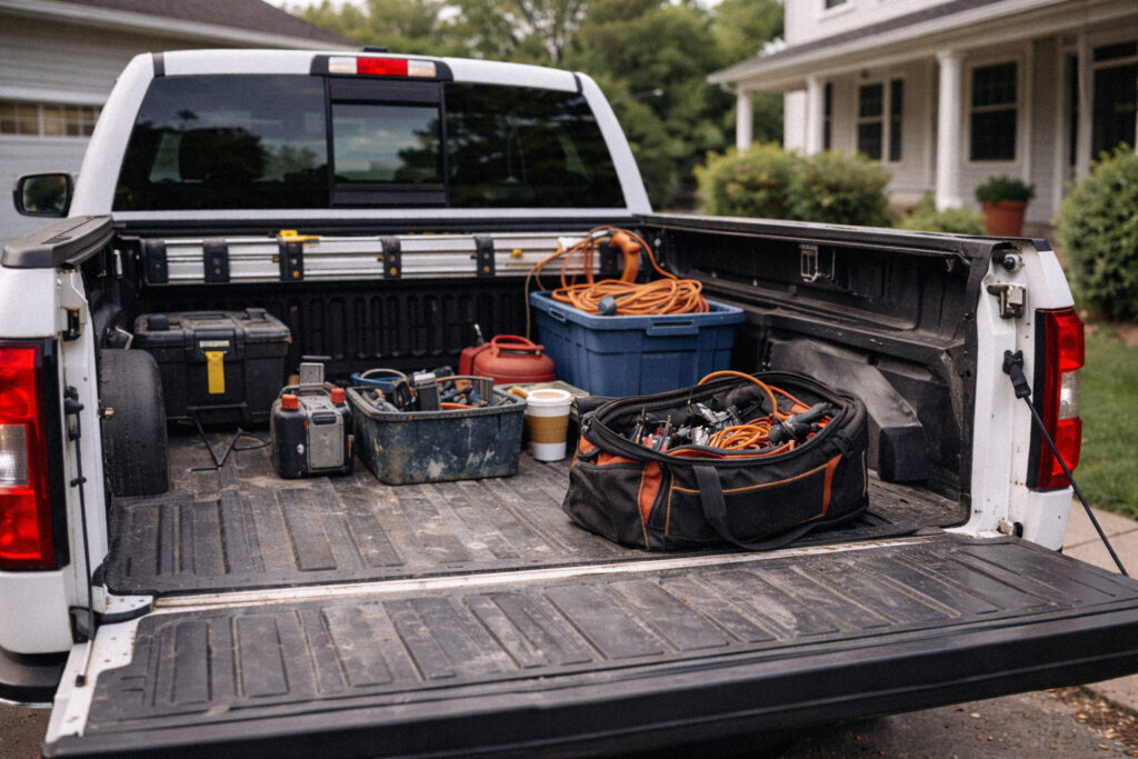 Truck with tools and equipment.