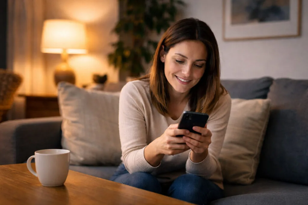 Customer sitting at table using a phone.
