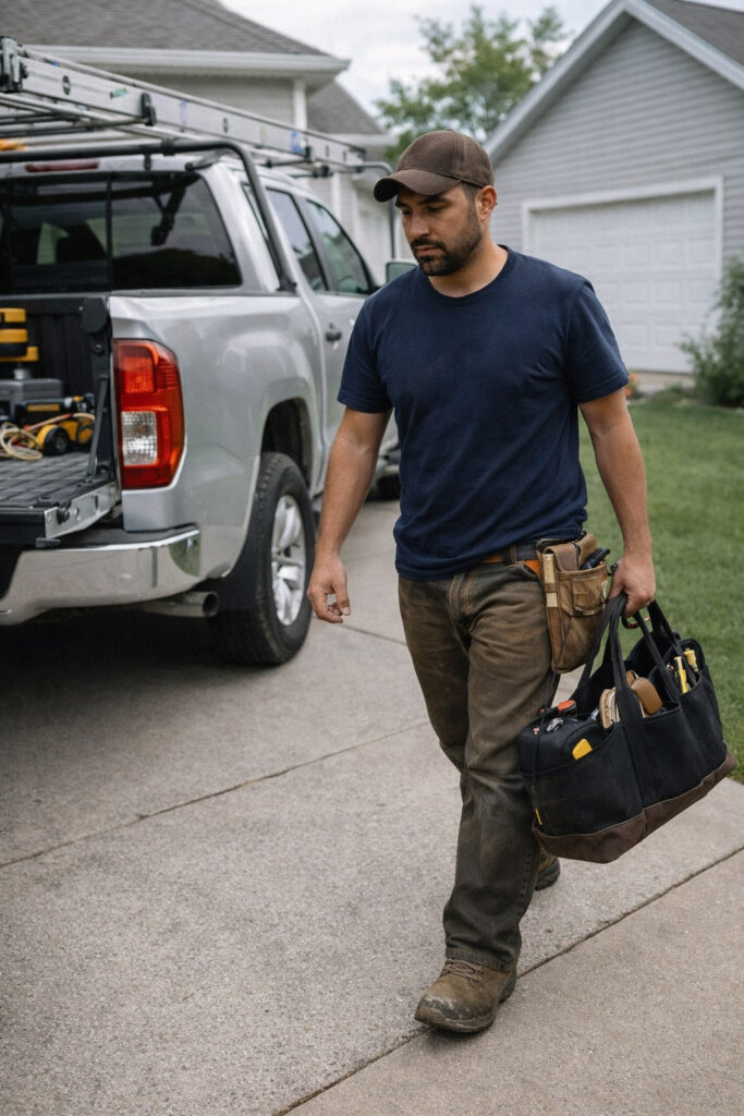 Worker walks with tool bag.